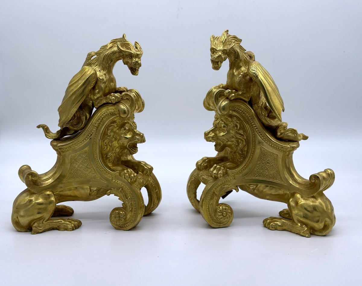 Gilt Bronze Andirons Decorated With Chimeras, Lions Attribué Charles Cressent-photo-4