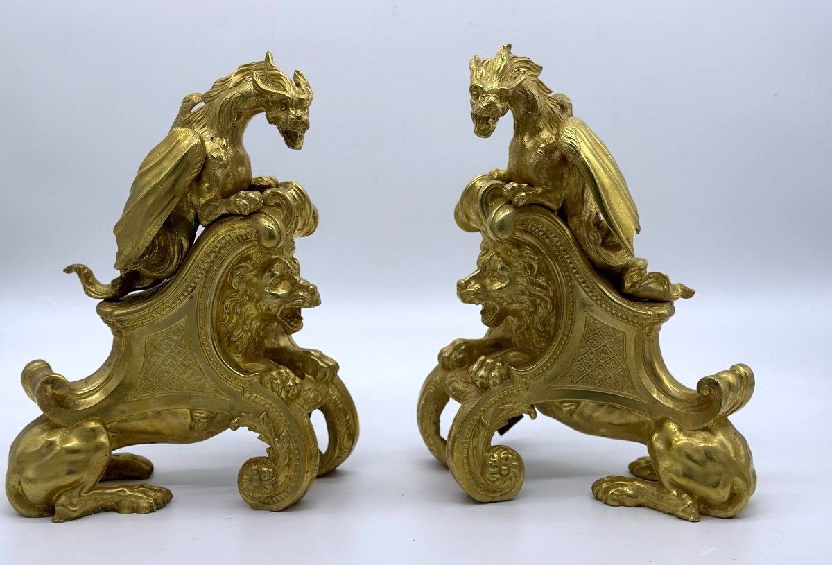 Gilt Bronze Andirons Decorated With Chimeras, Lions Attribué Charles Cressent-photo-5