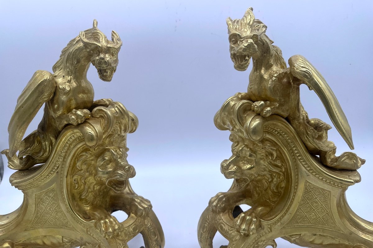 Gilt Bronze Andirons Decorated With Chimeras, Lions Attribué Charles Cressent-photo-6