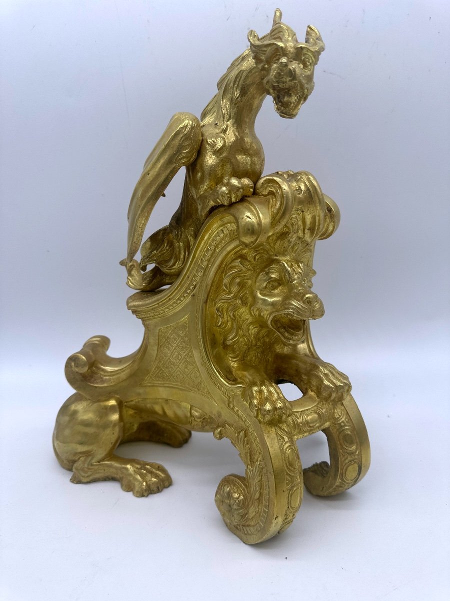 Gilt Bronze Andirons Decorated With Chimeras, Lions Attribué Charles Cressent-photo-8