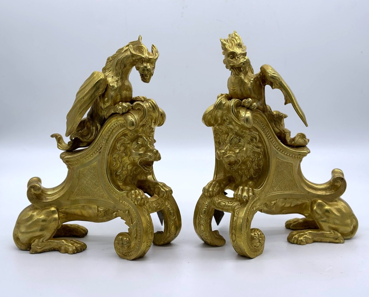 Gilt Bronze Andirons Decorated With Chimeras, Lions Attribué Charles Cressent