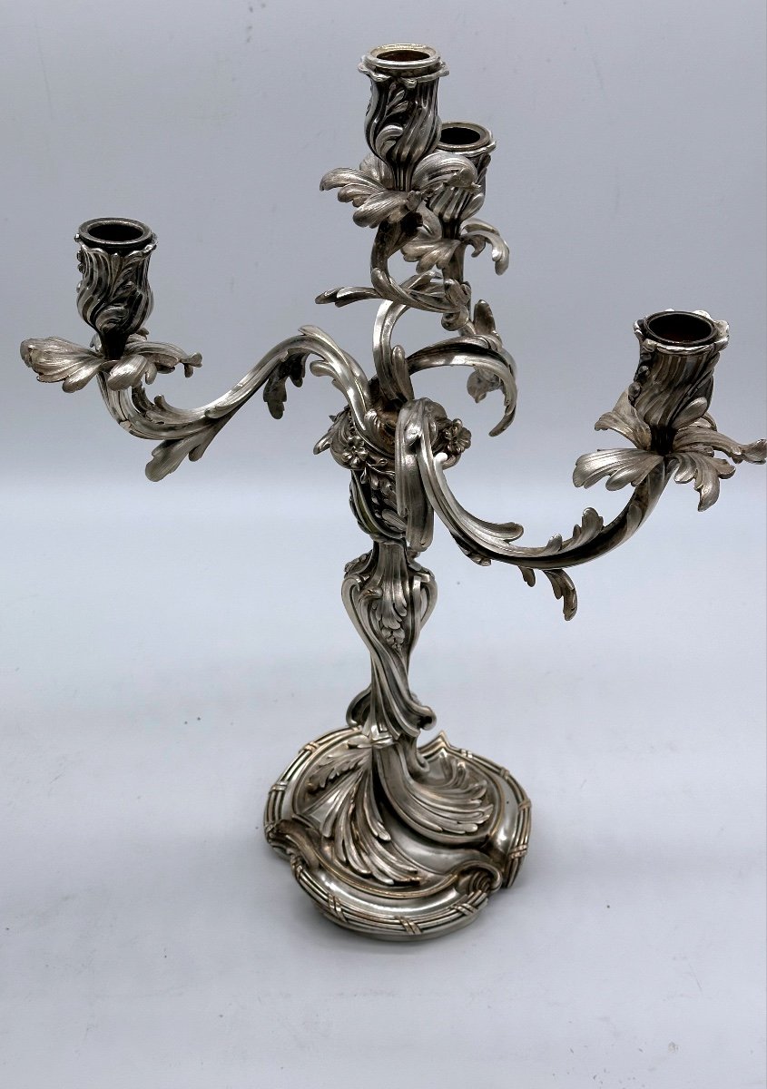 Paire De Candélabres En Bronze Argenté, Style Louis XV – XIXe-photo-7