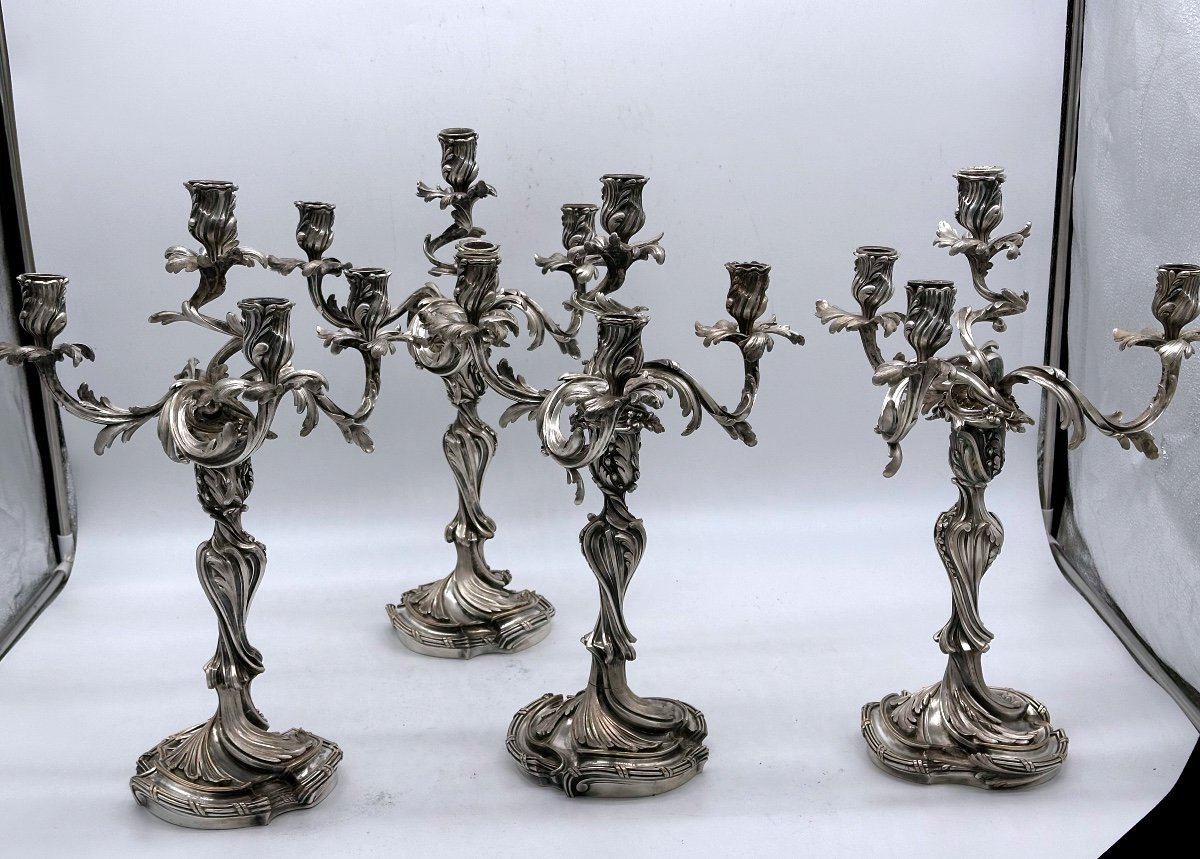 Paire De Candélabres En Bronze Argenté, Style Louis XV – XIXe