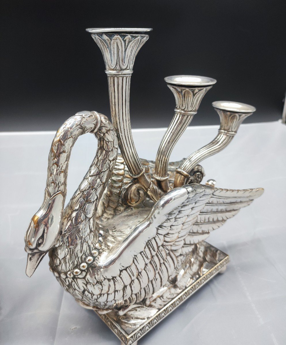 Pair Of Silver Bronze Candlesticks In The Shape Of A Swan Empire Period-photo-3