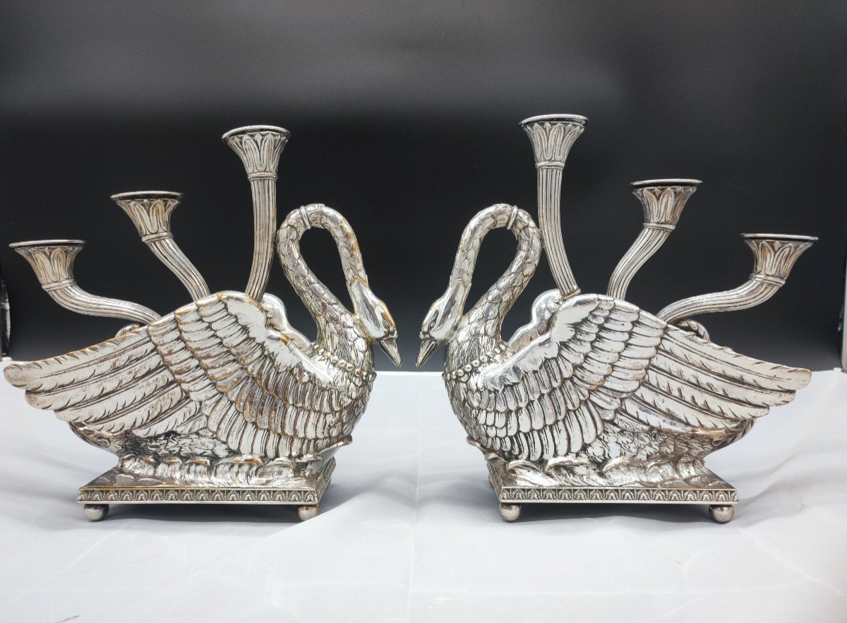 Pair Of Silver Bronze Candlesticks In The Shape Of A Swan Empire Period