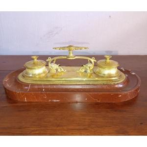 19th Century Louis XVI Style French Inkwell In Marble And Gilt Bronze