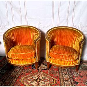 Pair Of Art Deco Barrel Armchairs And Bench