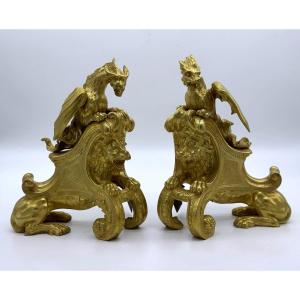 Gilt Bronze Andirons Decorated With Chimeras, Lions Attribué Charles Cressent