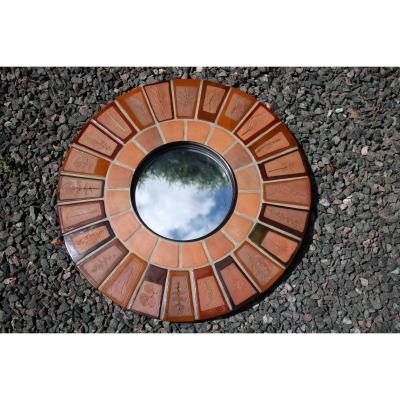 Round Terracotta Mirror Decorated With Leaves, Roger Capron - 1960s