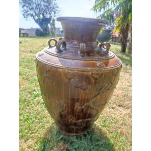 Martaban Jar In Monochrome Brown Glazed Stoneware Decorated With Dragons, Asia