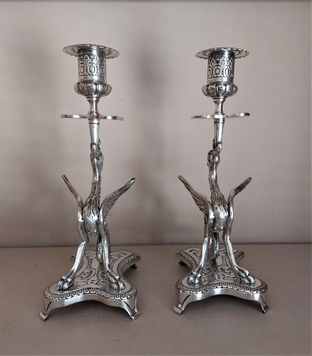 Pair Of Candlesticks In Silver Bronze, Napoleon III Period-photo-2