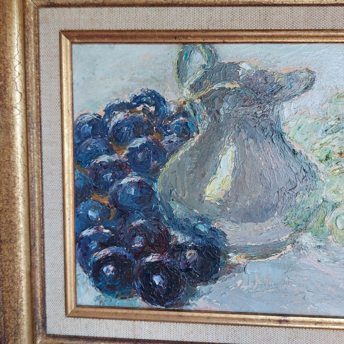 Oil On Panel "pitcher With Bunches Of Grapes"-photo-3