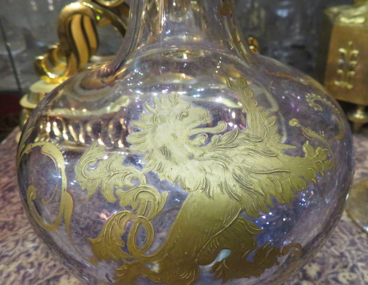 Rare Ensemble Carafe Verre D Eau Cristal De Venise Murano Decor Du Lion Rehauts D Or Inclusion-photo-4