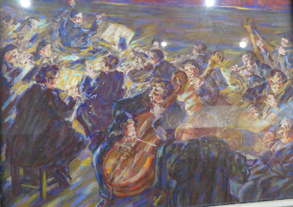 Old Pastel Painting The Conductor And His Musicians By Godien-photo-3