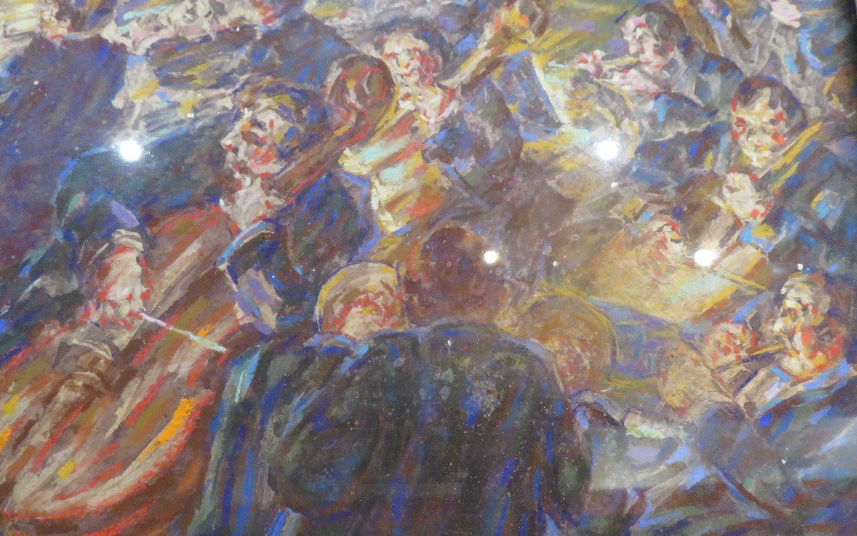 Old Pastel Painting The Conductor And His Musicians By Godien-photo-4