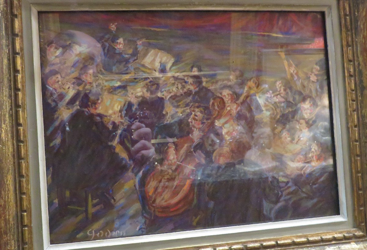 Old Pastel Painting The Conductor And His Musicians By Godien-photo-1