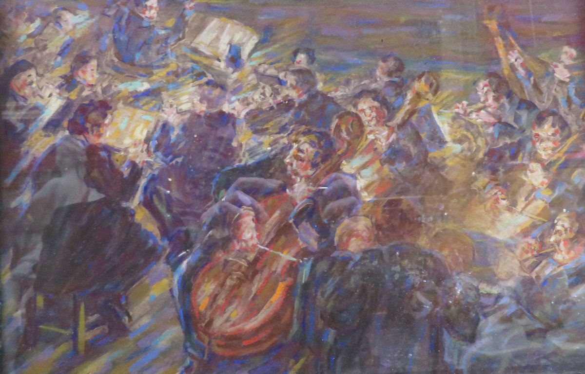 Old Pastel Painting The Conductor And His Musicians By Godien-photo-2