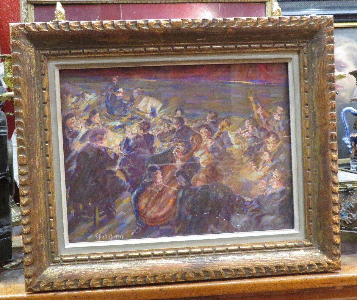 Old Pastel Painting The Conductor And His Musicians By Godien