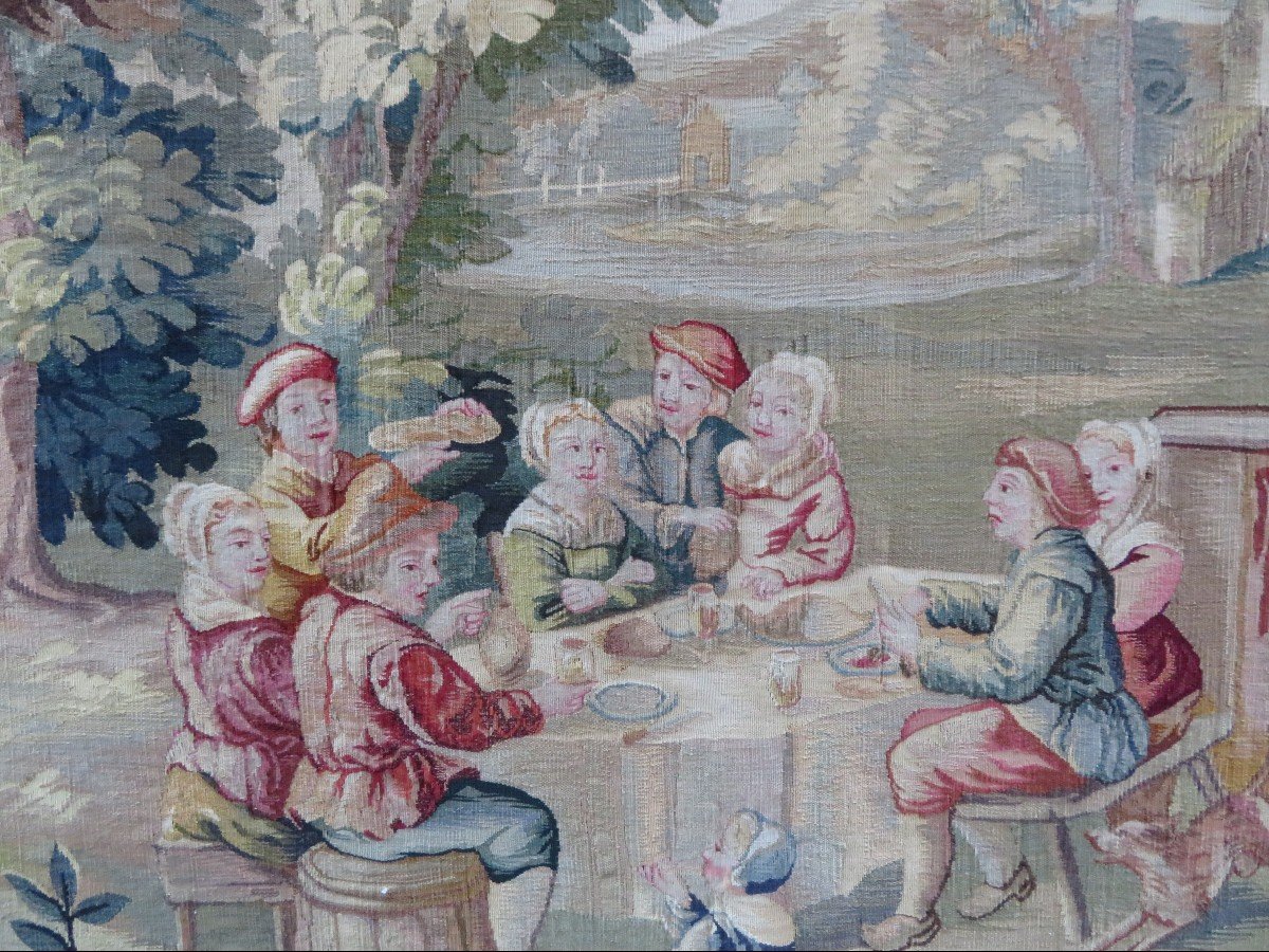 Large D Aubusson Tapestry Romantic Tavern Scene Louis XV Style Framed / Chassis-photo-2