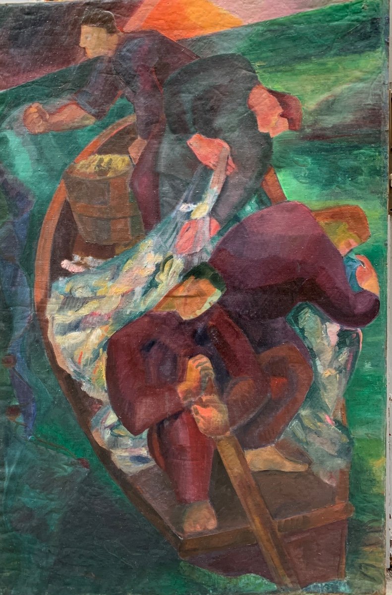 Ancien Grand Tableau toile Les Pêcheurs Marine Réalisme Années 1940