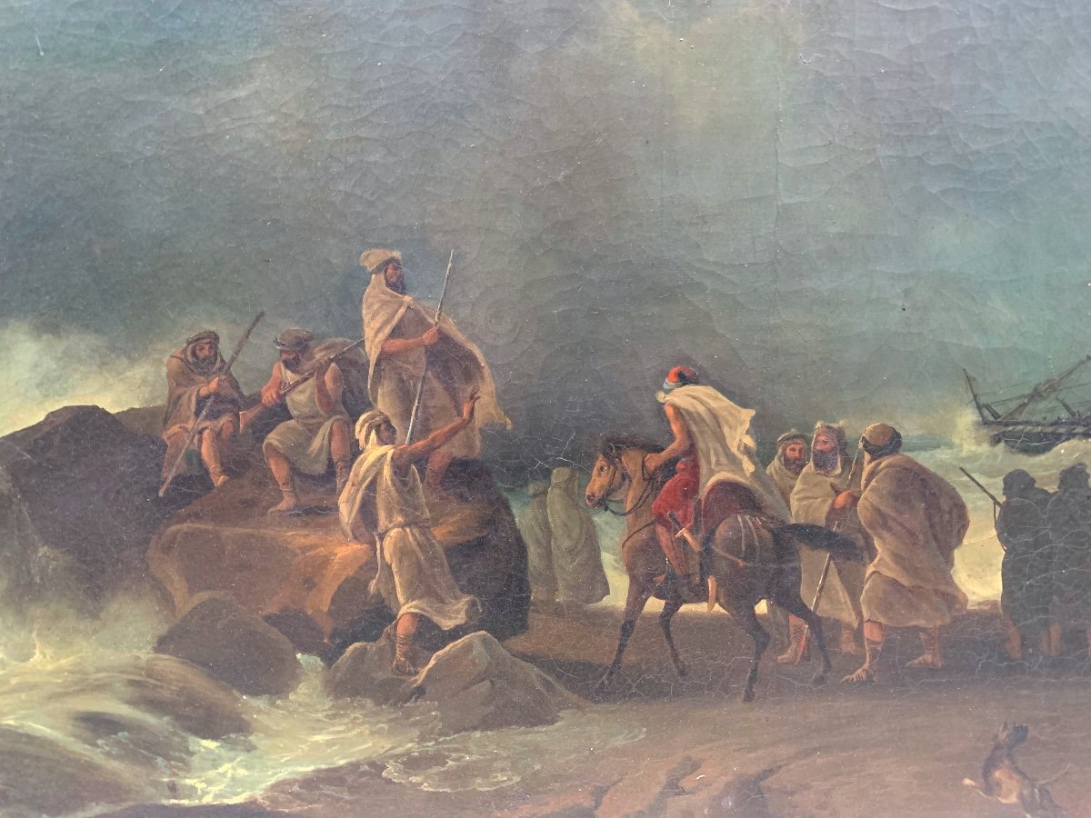 Grand Tableau Huile Sur Toile Orientaliste Marine Algerie échouage Bateau Français 1836 Romegas-photo-2