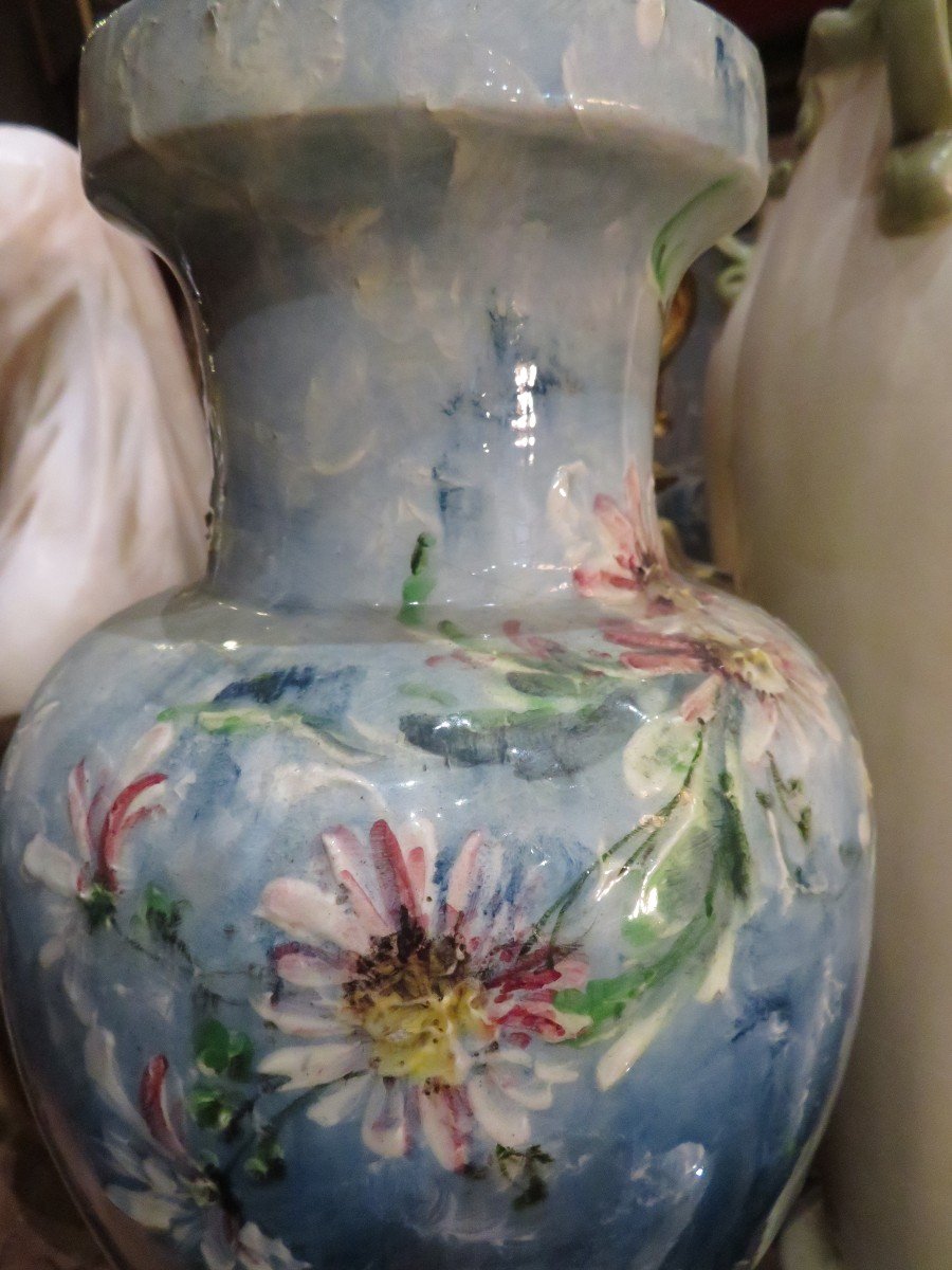 Baluster Vase In Barbotine Painted By Pierre Perret In Vallauris Art Nouveau Floral Decor-photo-4