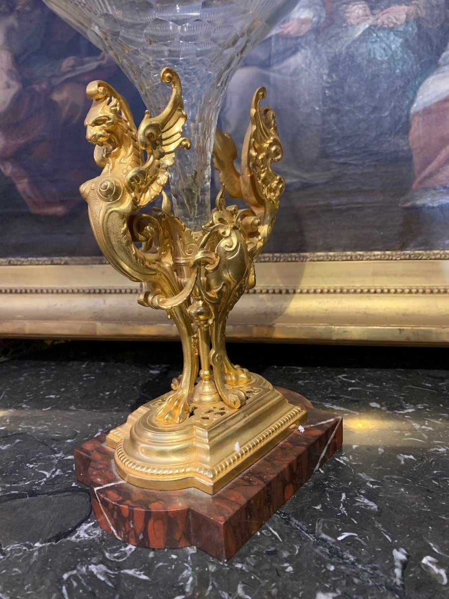 Old Goblet Cup Center Table In Gilt Bronze Nineteenth Time With Griffins On Grillote Marble-photo-3