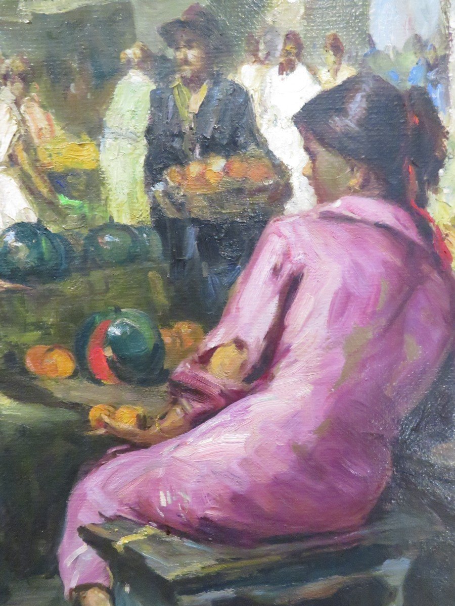 Large Painting Years 60 Durando Togo Richard Oil On Canvas Provençal Watermelon Market-photo-2