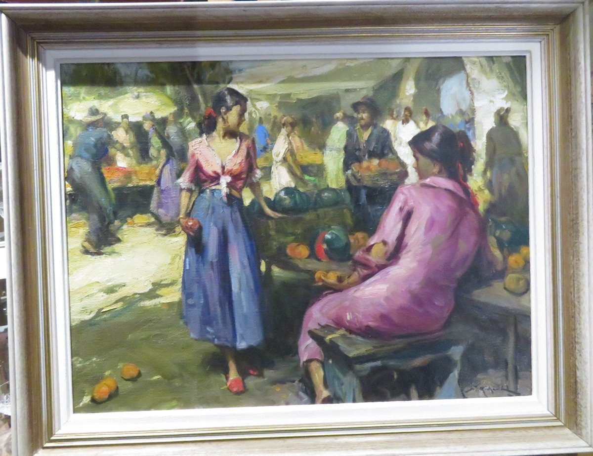 Large Painting Years 60 Durando Togo Richard Oil On Canvas Provençal Watermelon Market