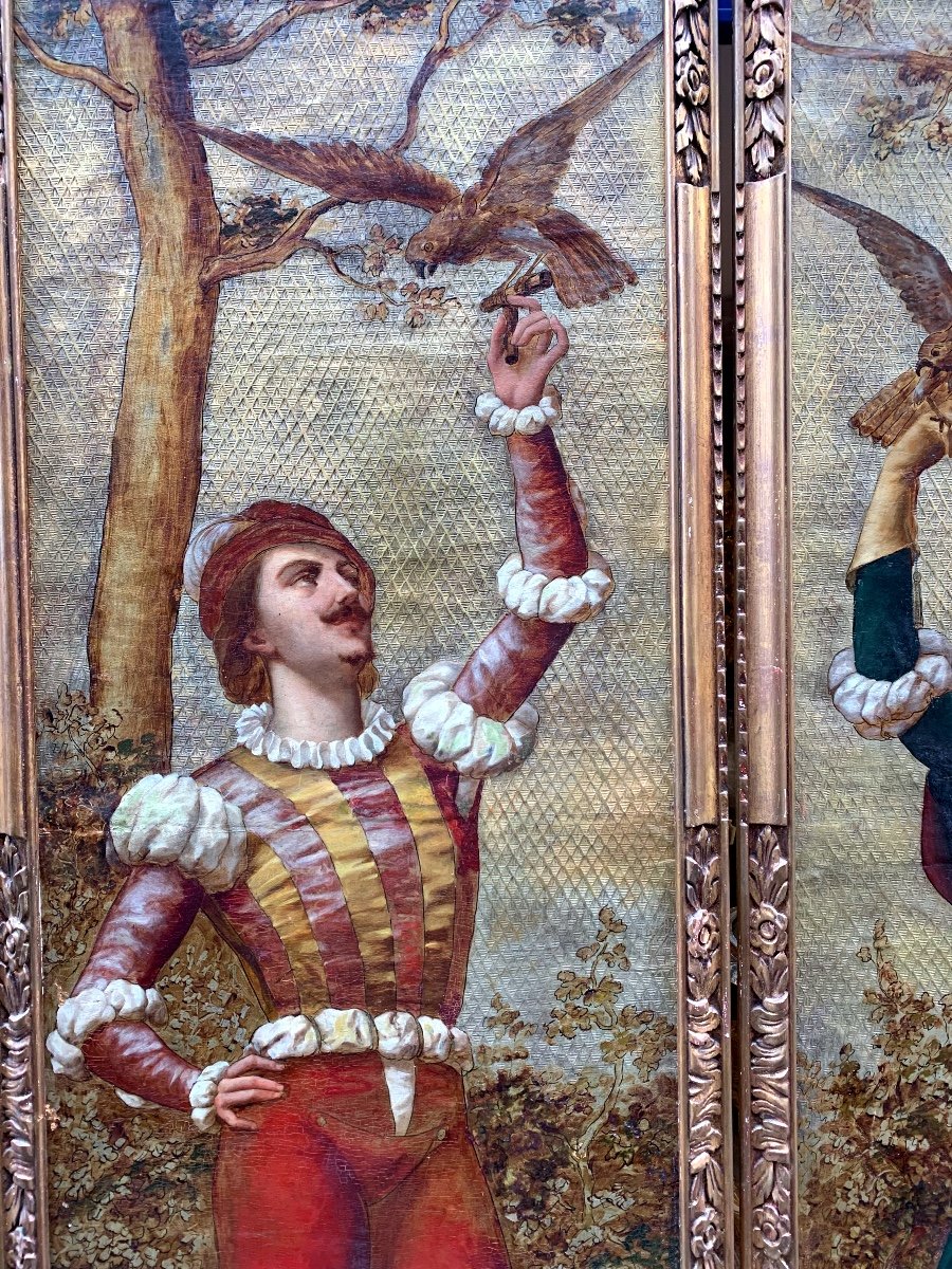 Pair Of Painted Panels On Cordoba Leather? Framed St Renaissance Falconers-photo-2