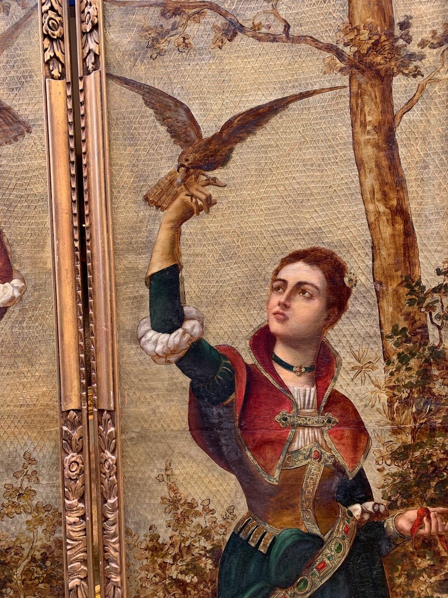 Pair Of Painted Panels On Cordoba Leather? Framed St Renaissance Falconers-photo-3