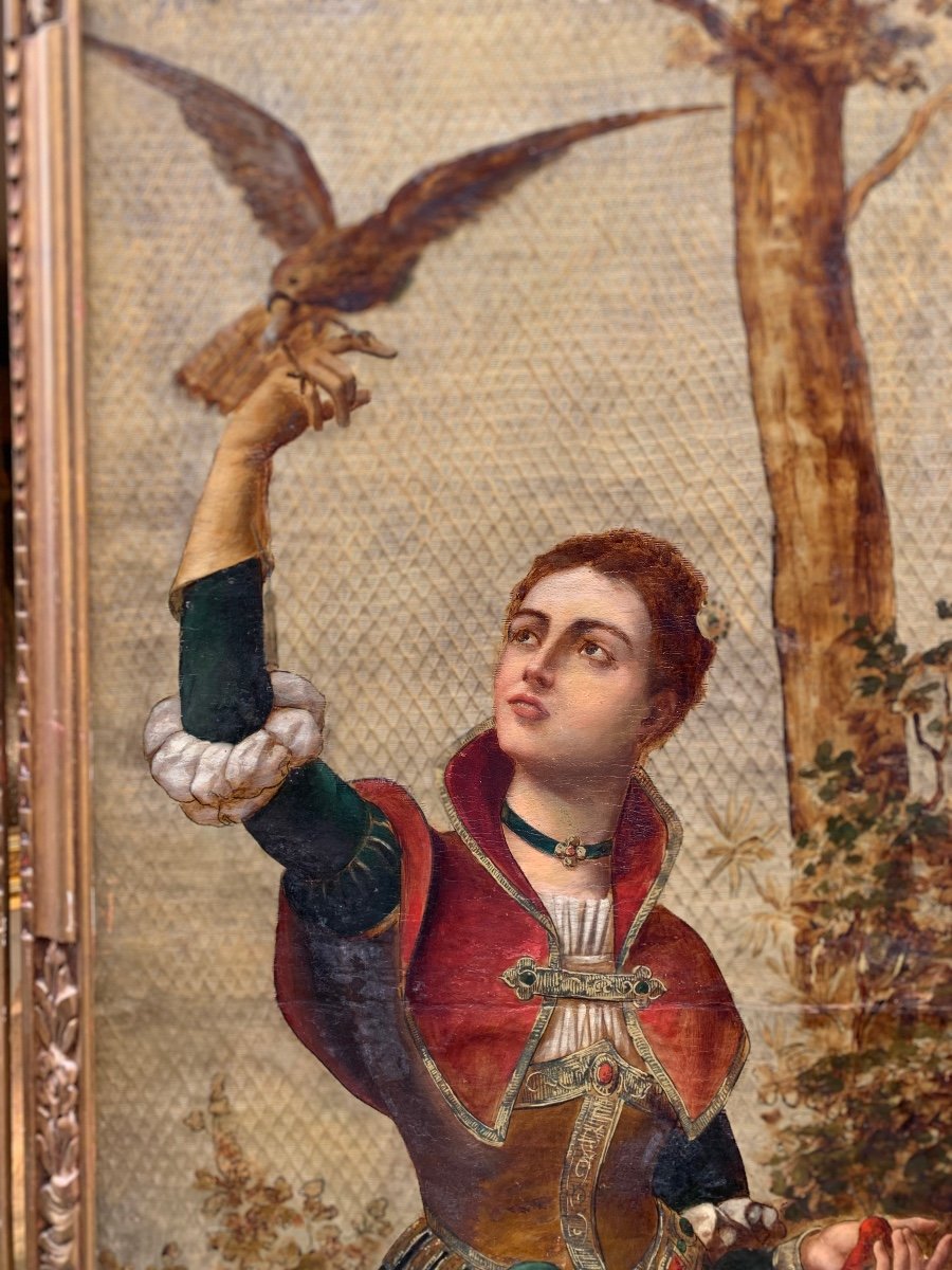 Pair Of Painted Panels On Cordoba Leather? Framed St Renaissance Falconers-photo-3