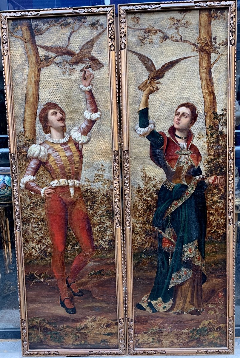 Pair Of Painted Panels On Cordoba Leather? Framed St Renaissance Falconers