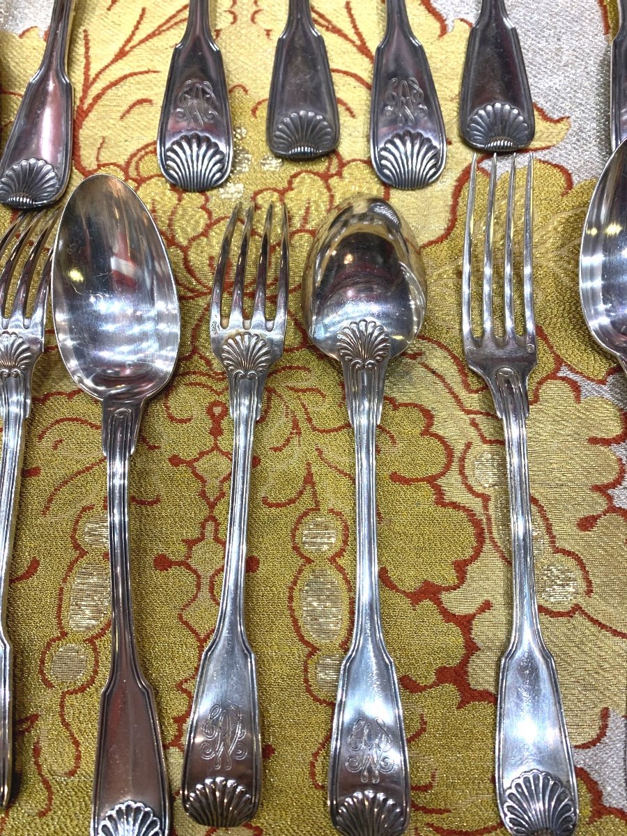 Cutlery Set In Sterling Silver Model With Net Shells Hallmark Minerva Covered Spoon Fork-photo-2