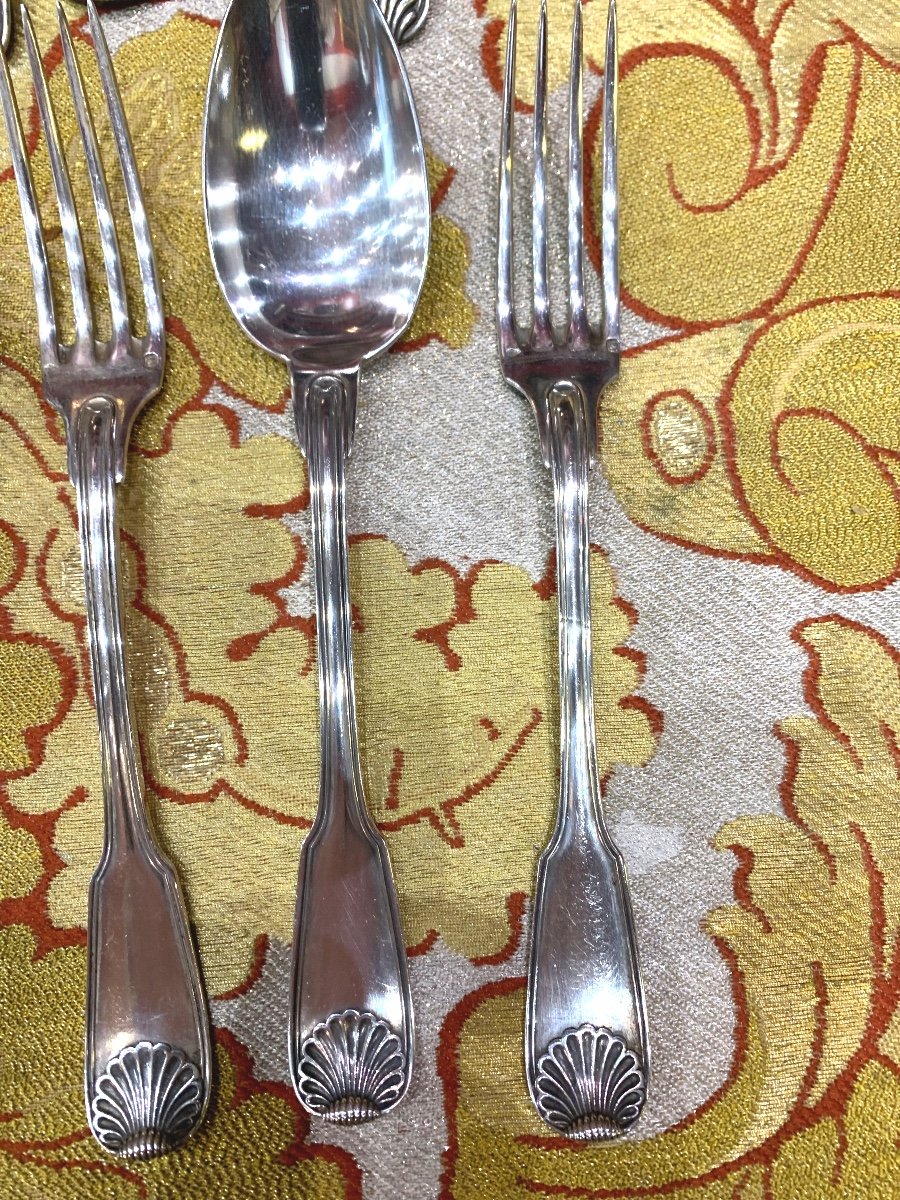 Cutlery Set In Sterling Silver Model With Net Shells Hallmark Minerva Covered Spoon Fork-photo-3