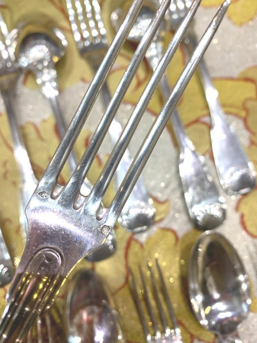 Cutlery Set In Sterling Silver Model With Net Shells Hallmark Minerva Covered Spoon Fork-photo-4