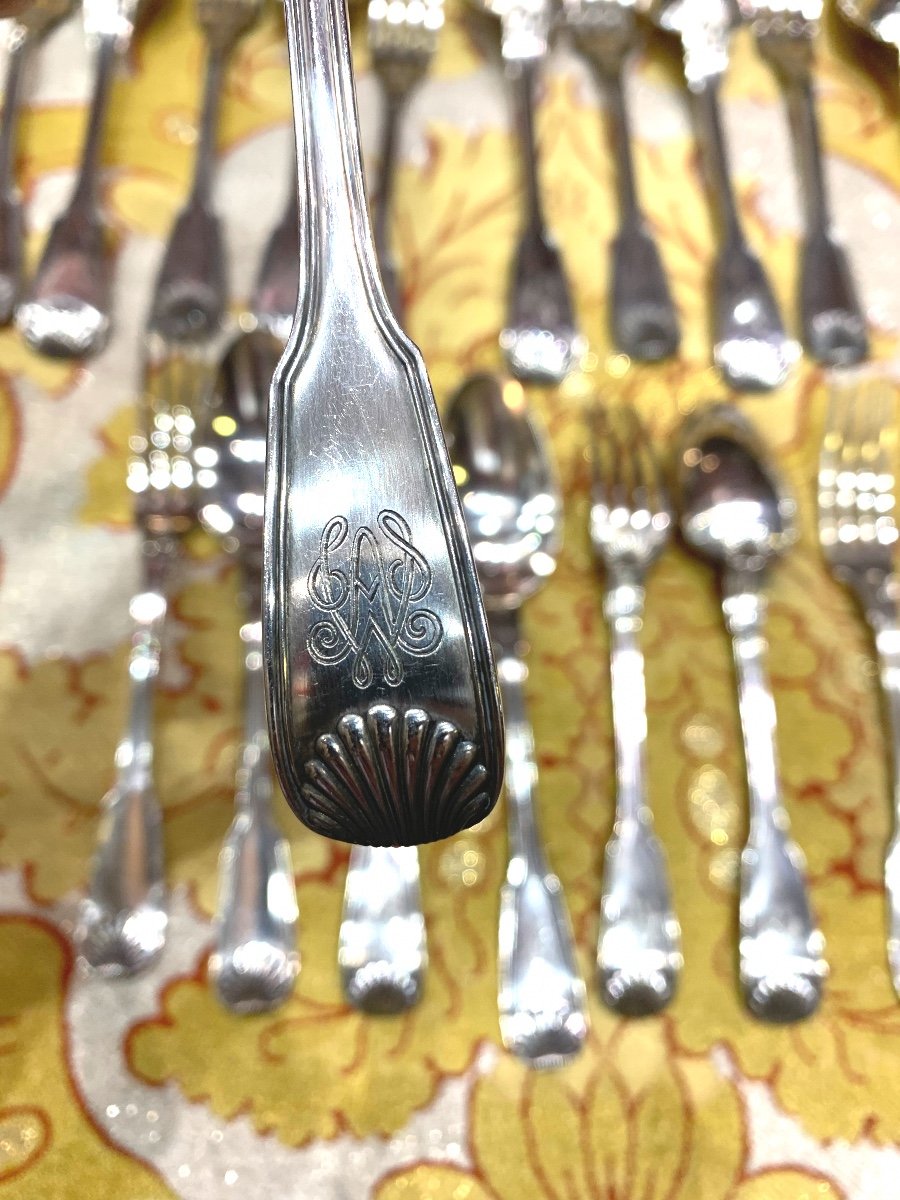 Cutlery Set In Sterling Silver Model With Net Shells Hallmark Minerva Covered Spoon Fork-photo-1