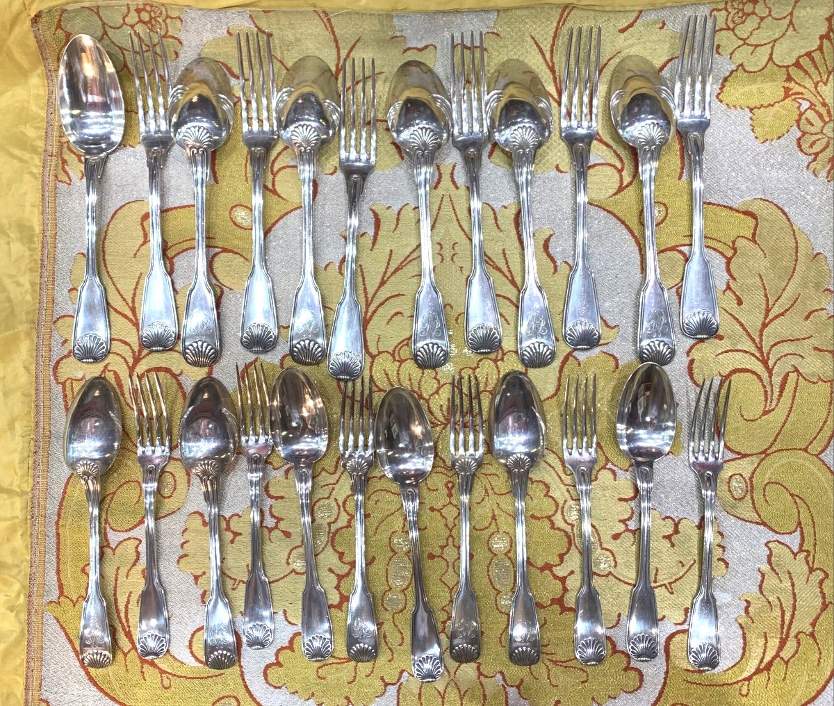 Cutlery Set In Sterling Silver Model With Net Shells Hallmark Minerva Covered Spoon Fork