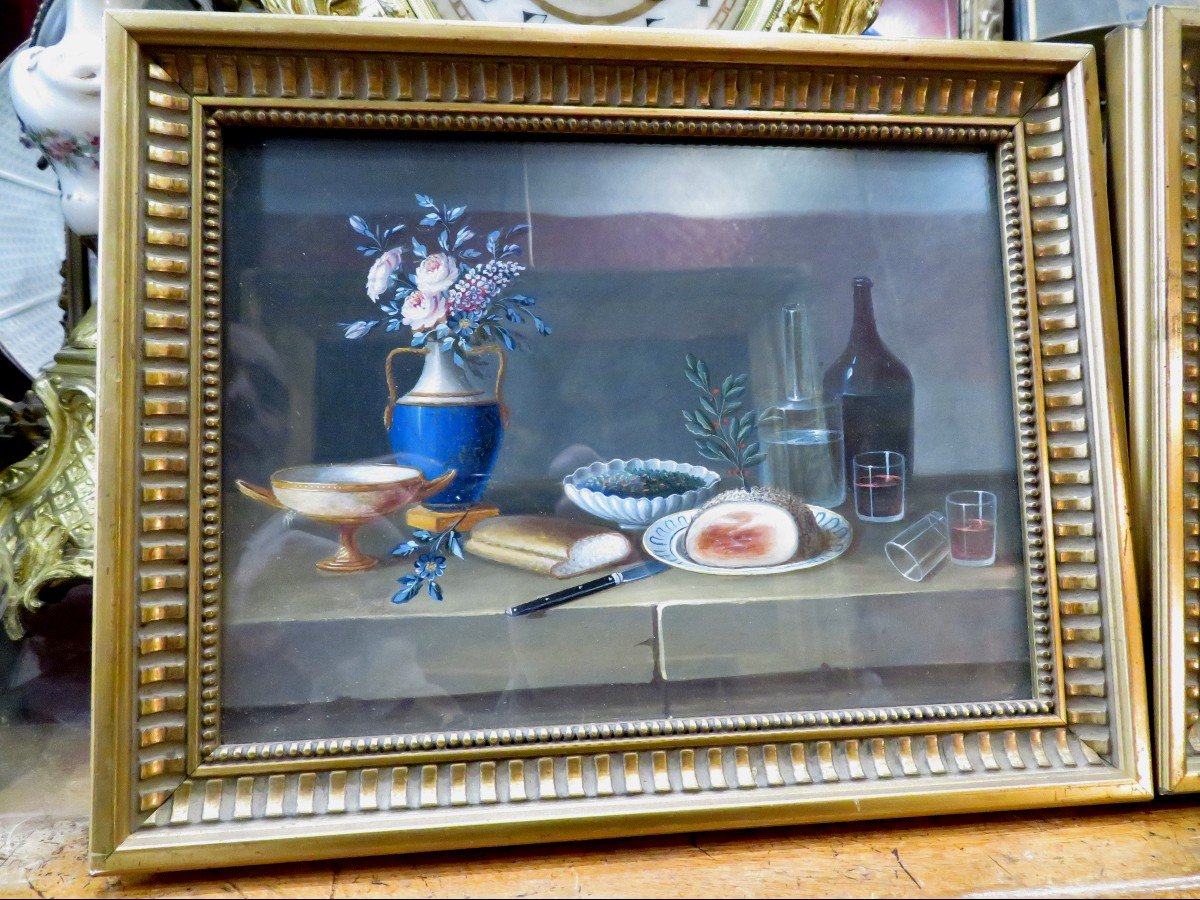 Paire de  Tableaux Gouache Ecole Anglaise XIXe Nature Morte Entablement Fleurs Fruits-photo-2