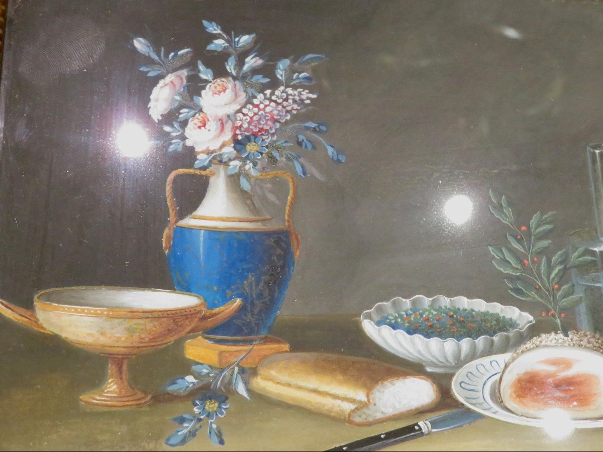 Paire de  Tableaux Gouache Ecole Anglaise XIXe Nature Morte Entablement Fleurs Fruits-photo-4