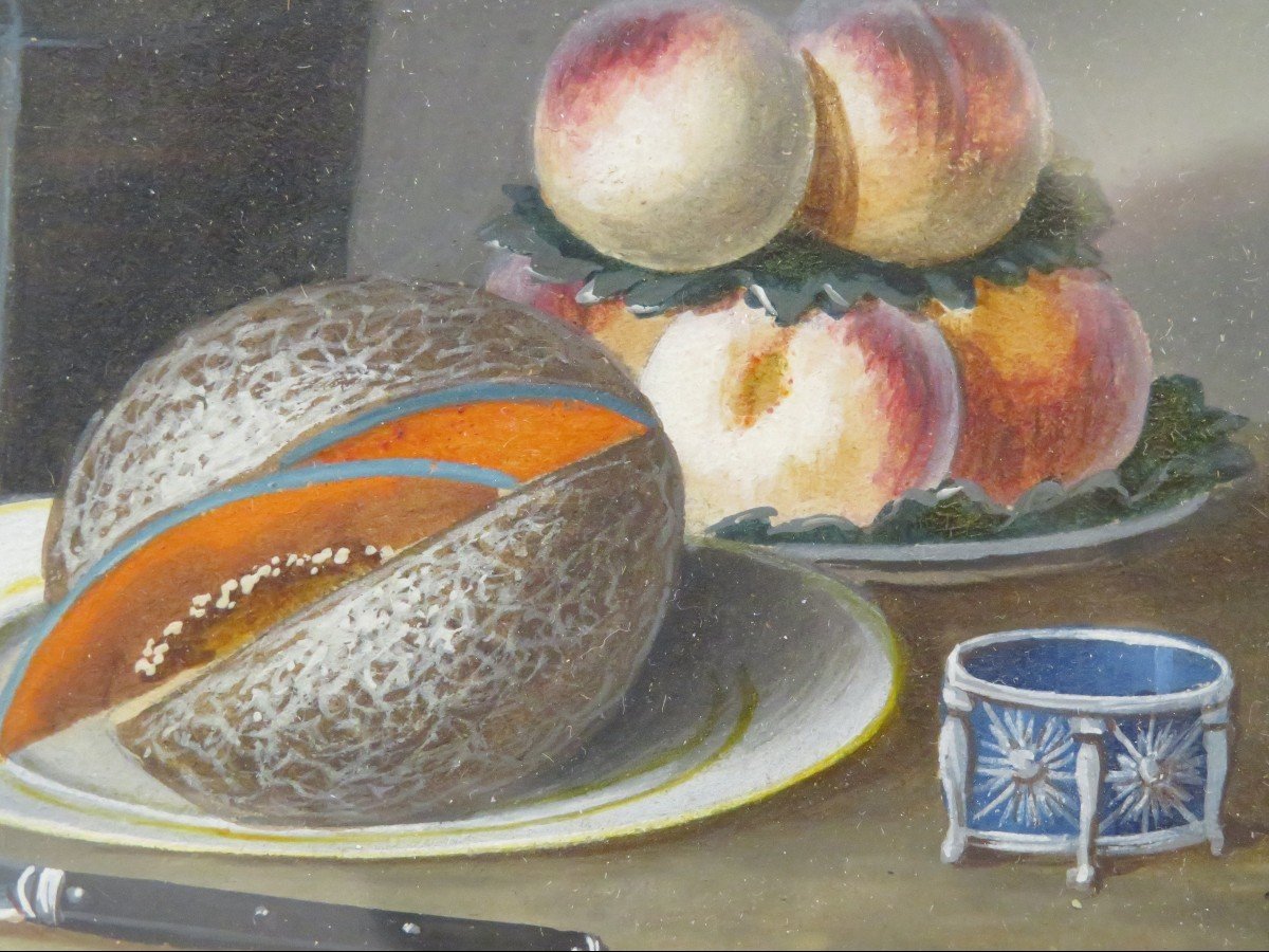 Paire de  Tableaux Gouache Ecole Anglaise XIXe Nature Morte Entablement Fleurs Fruits-photo-1