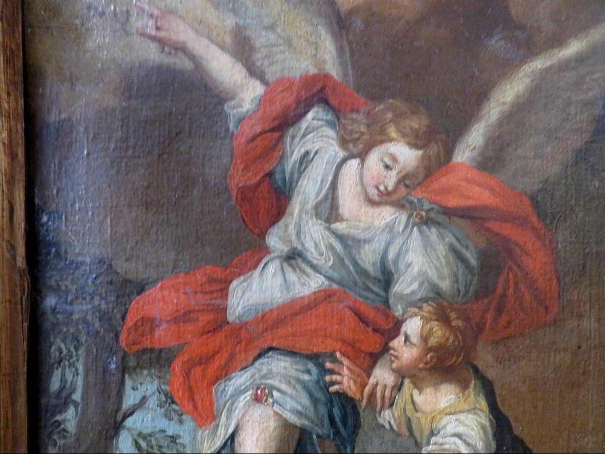 Ancien Tableau Huile Sur Toile Fin XVIIIe - XIXe L Archange  Raphael montrant la voie religieux-photo-2