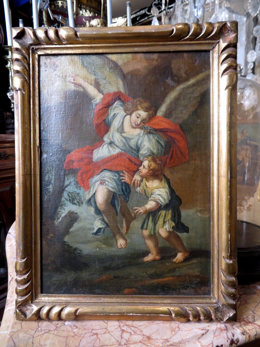 Ancien Tableau Huile Sur Toile Fin XVIIIe - XIXe L Archange  Raphael montrant la voie religieux