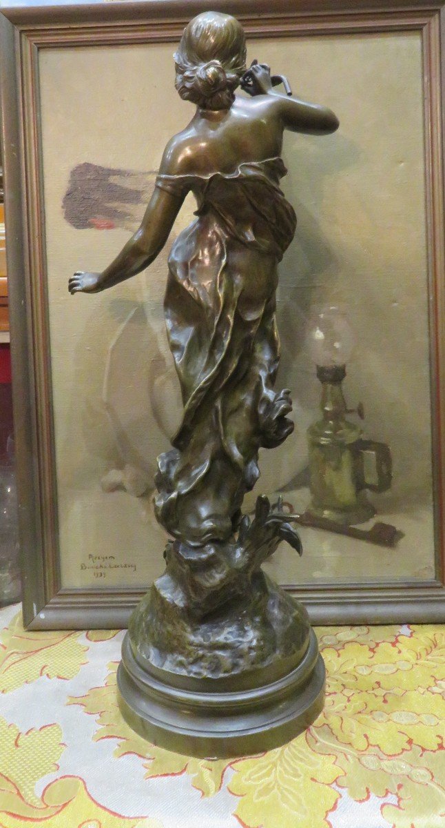 Bronze Sculpture Young Girl And The Bird By Julien Causse On 19th Century Rotating Base-photo-4