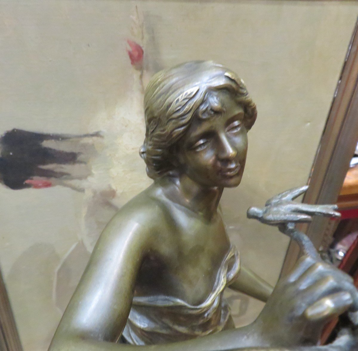 Bronze Sculpture Young Girl And The Bird By Julien Causse On 19th Century Rotating Base-photo-3