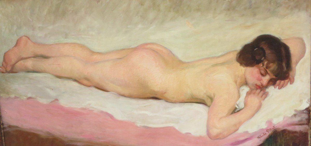 Ancien Grand Tableau Jeune Fille Nue Par Blanche Pilliet Ecole Lyonnaise  Oeuvre Primée -photo-3