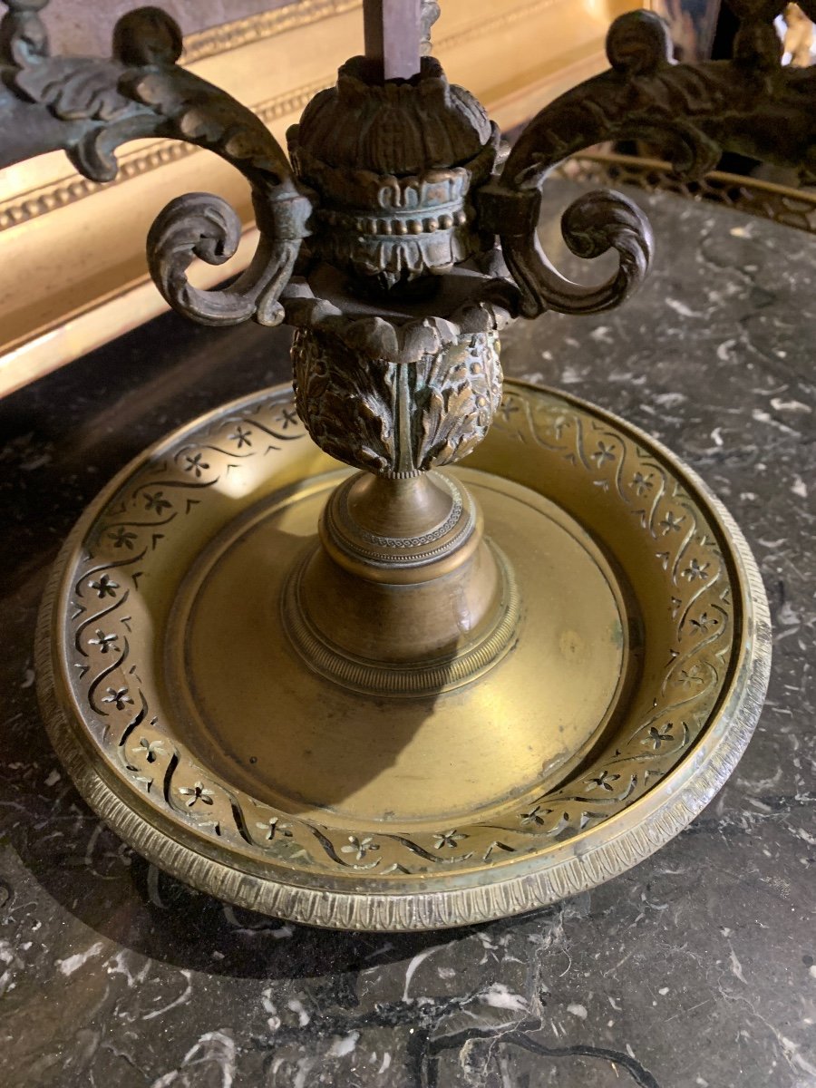Lampe Bouillotte En Bronze XIXe Charles X Abat Jour En Tôle Peinte à Décor De Vignes -photo-4