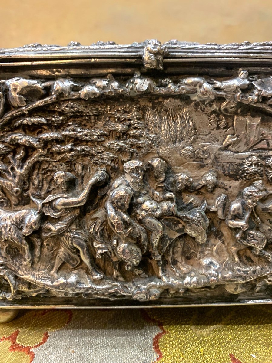 Rare Old 19th Century Silver Bronze Box Decorated With Erotic And Hunting Scenes Jewelry Box-photo-4