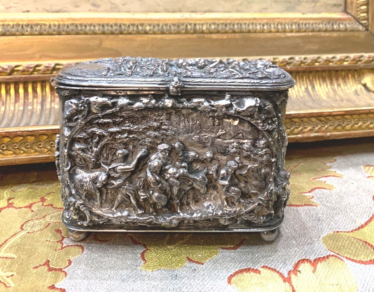Rare Old 19th Century Silver Bronze Box Decorated With Erotic And Hunting Scenes Jewelry Box
