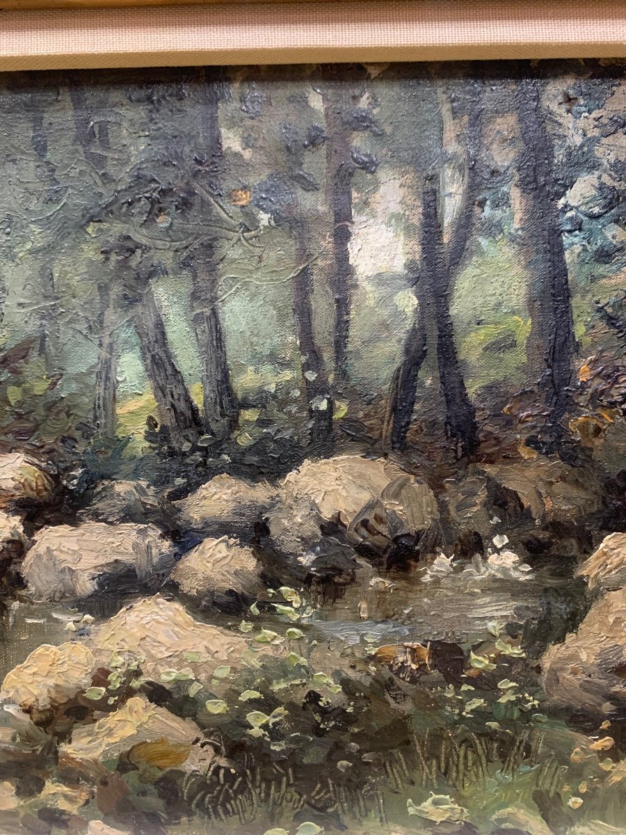 Tableau  Eugene Brouillard Huile Sur Toile Sur Panneau Sous Bois Et Ruisseau. Daté 1890-photo-3